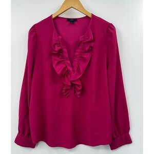 J Crew Ruffle V Neck Long Sleeve Blouse Top Women's XL Fuchsia Polyester